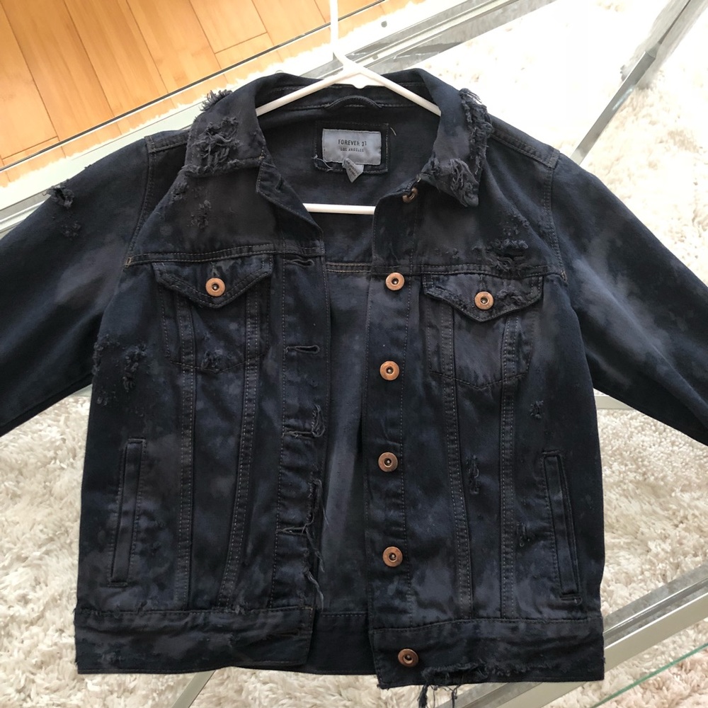 Dark wash distressed denim jacket